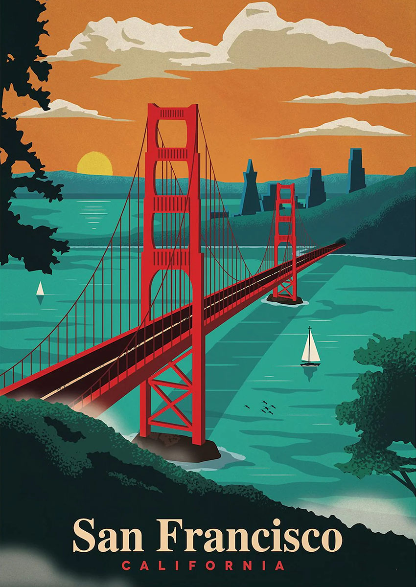 Vibrant artwork of the San Francisco Golden Gate Bridge at sunset with calm waters.